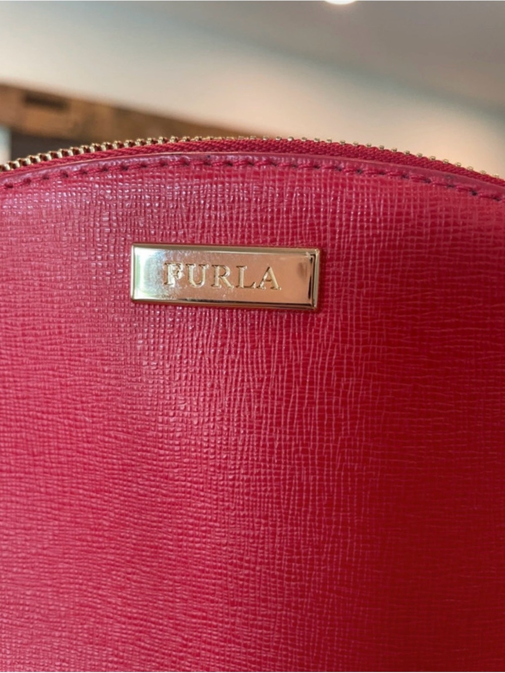 Furla Red Saffiano Leather Dome Cosmetic - Gold Hardware